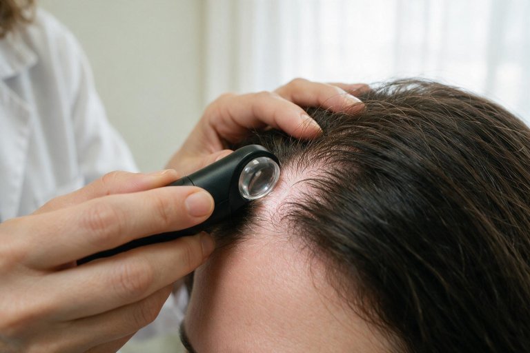 Close-up de exame de tricoscopia na linha do cabelo, avaliando alopecia