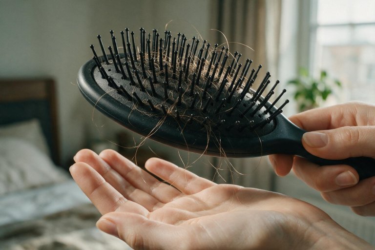 Close-up de escova de cabelo com fios caídos sobre a palma da mão