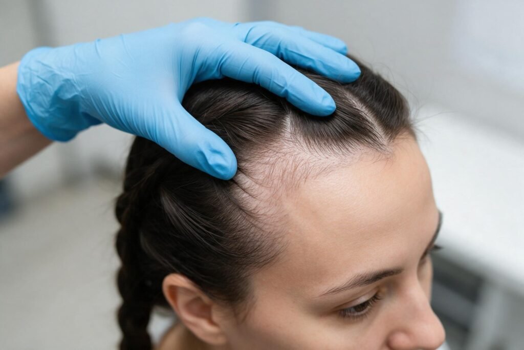 Avaliação clínica de alopecia de tração: mão com luva examinando a linha do cabelo de paciente com trança