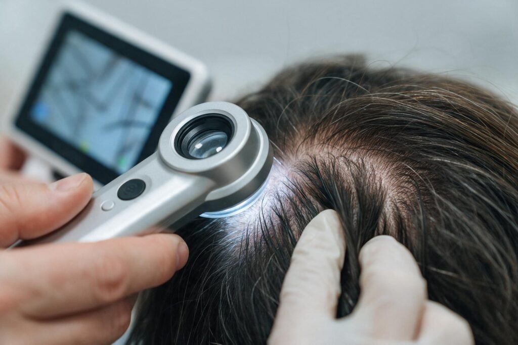 Tricoscopia: dermatoscópio ampliando o couro cabeludo durante exame de queda de cabelo